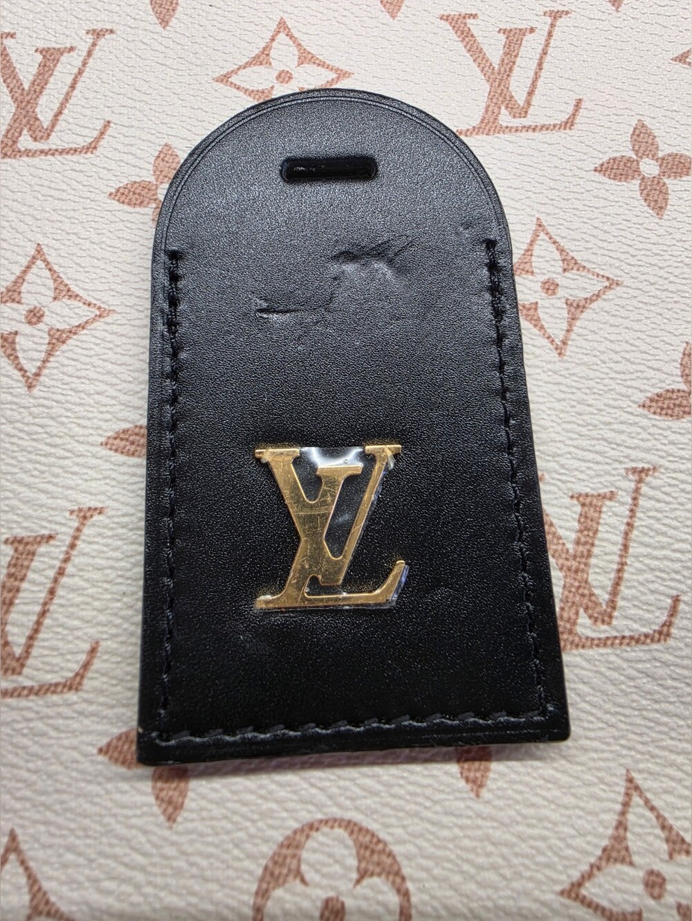 Louis Vuitton Black Leather Luggage Tag with Gold LV Emblem